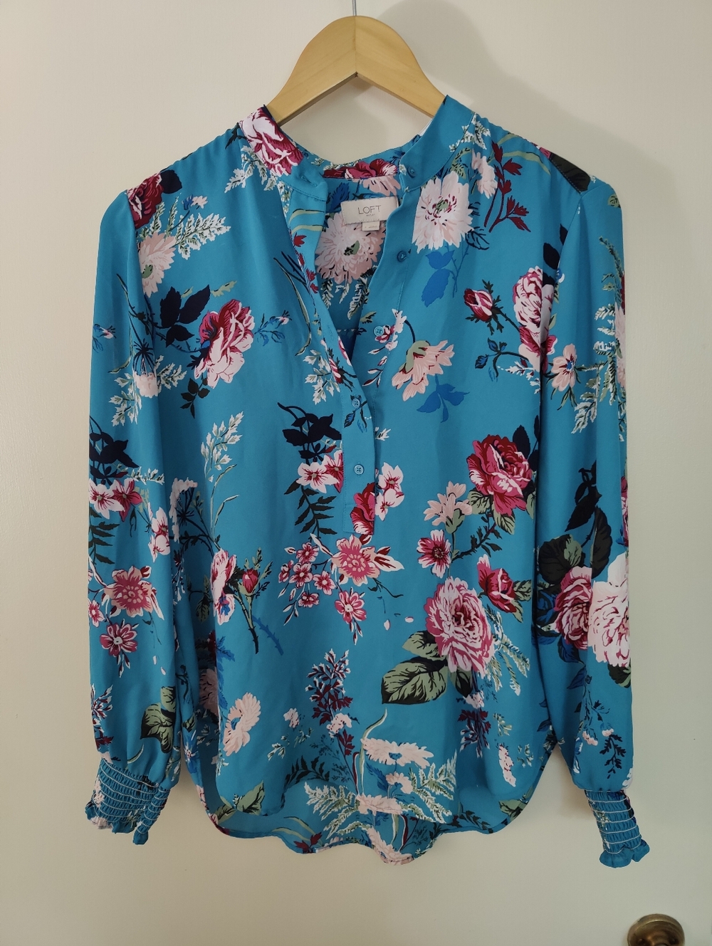 LOFT Teal Floral Button-Front Blouse